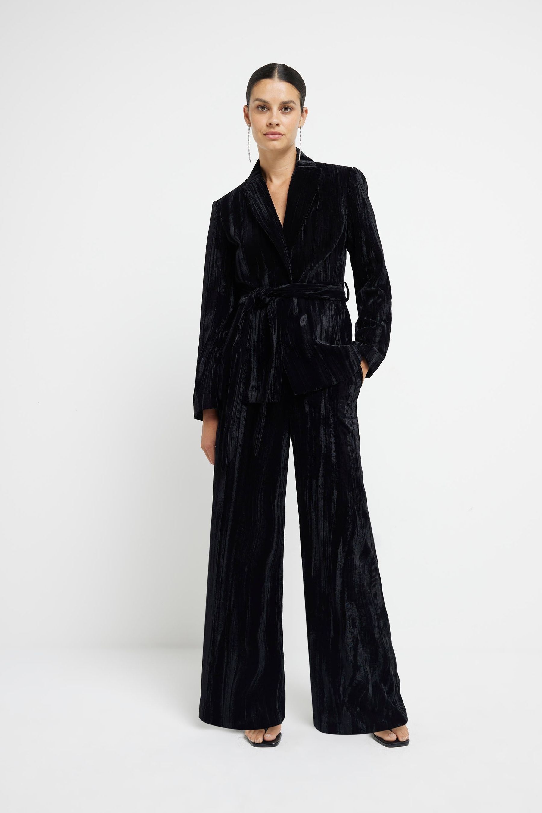 Buy River Island Black Velvet Belted Wrap Blazer from Next Denmark