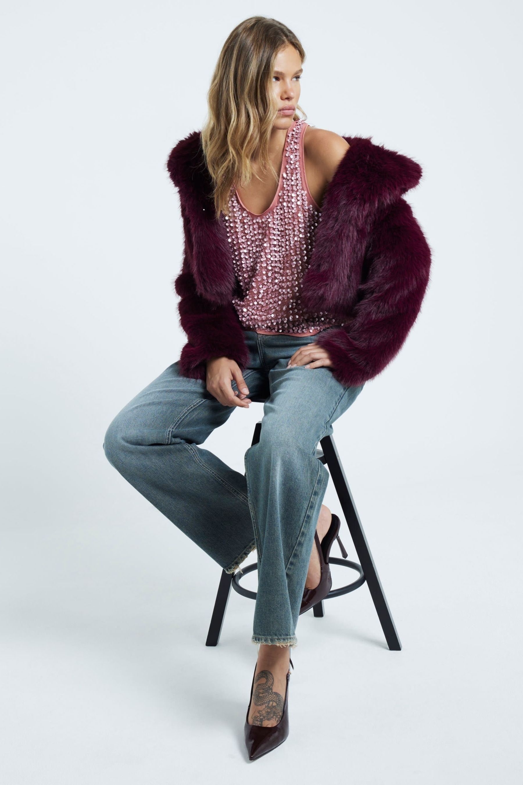 River island red teddy coat top