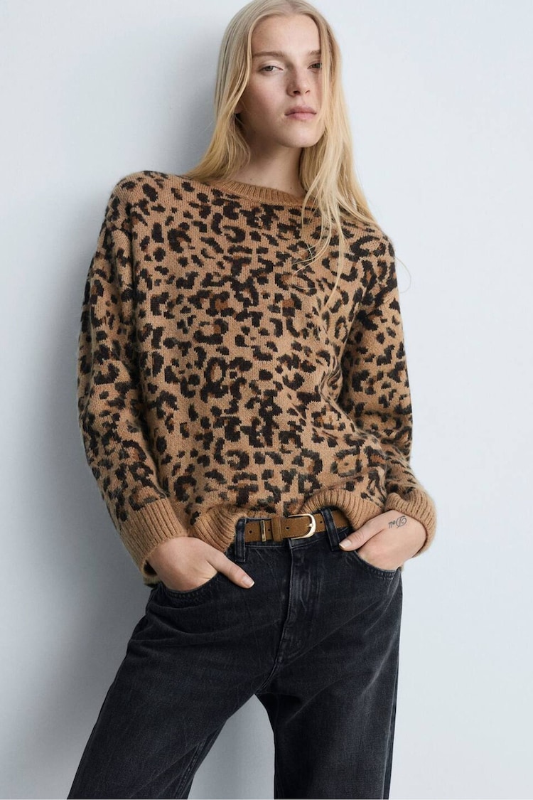 Mango Brown Leopard-Print Sweater With Contrasting Trims - Image 1 of 6