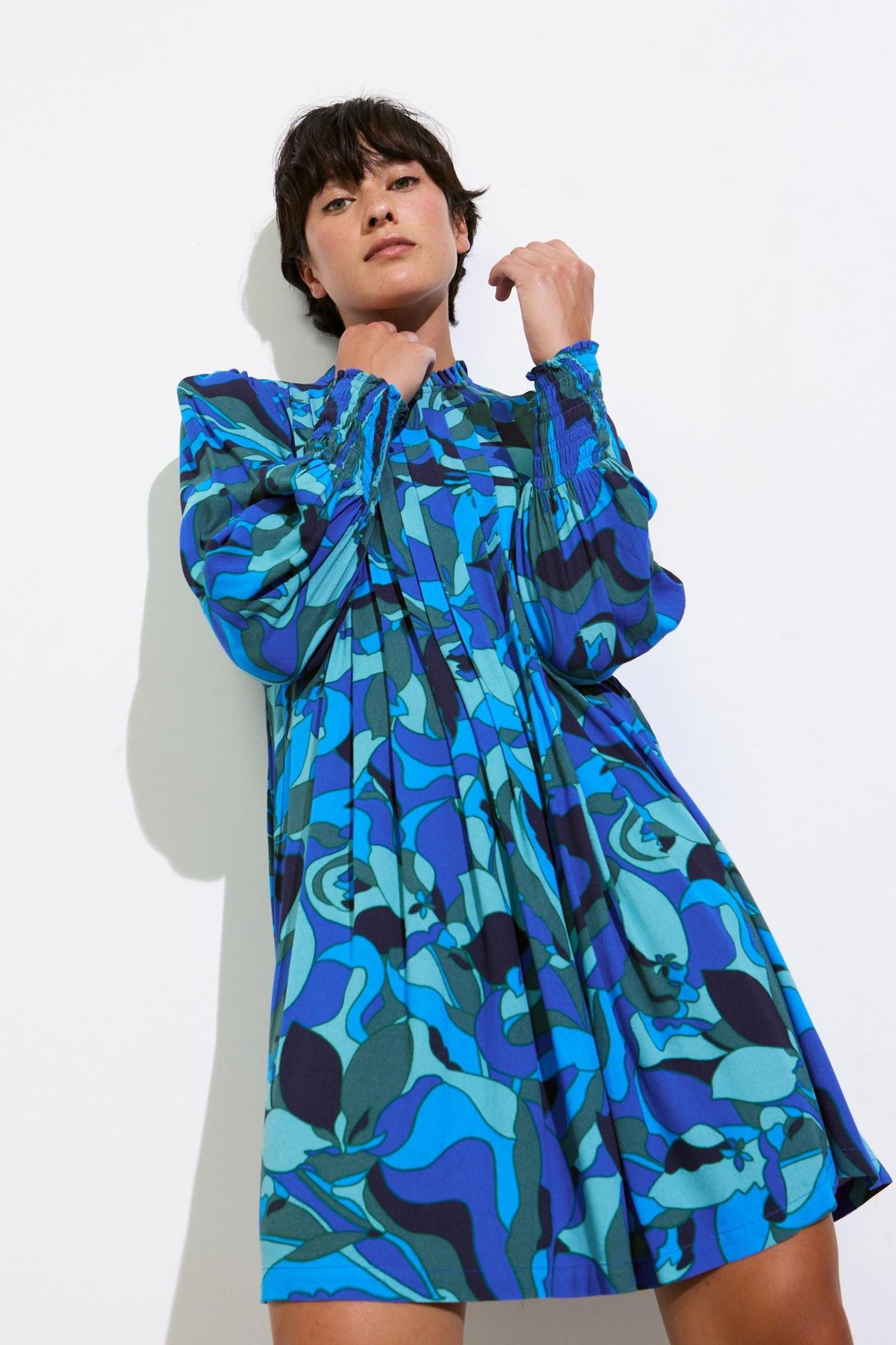 Buy Oliver Bonas Blue Abstract Pleated Mini Dress from Next Malta