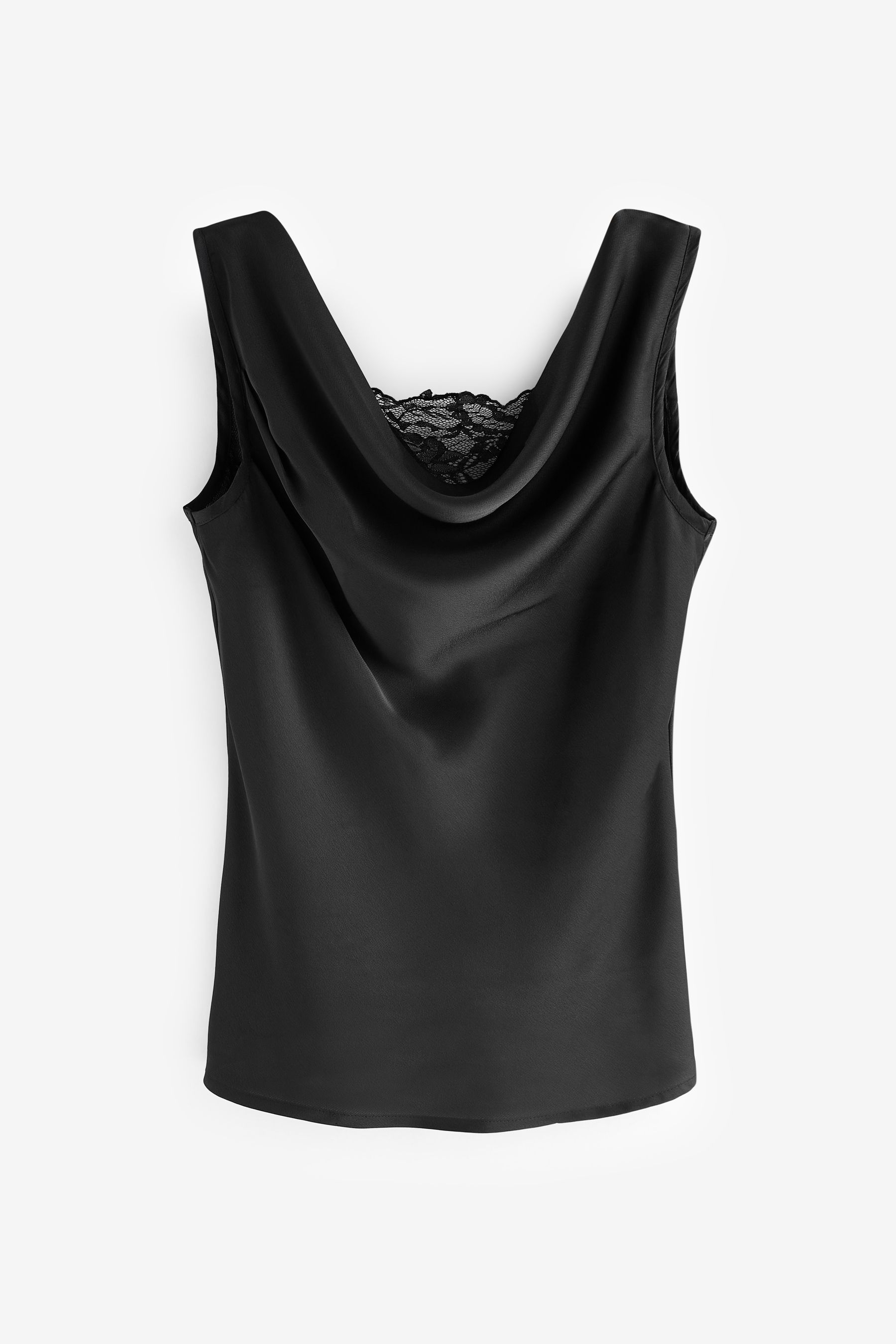 Another Sunday Satin Sleeveless Cowl Neck Black Top With Lace Insert