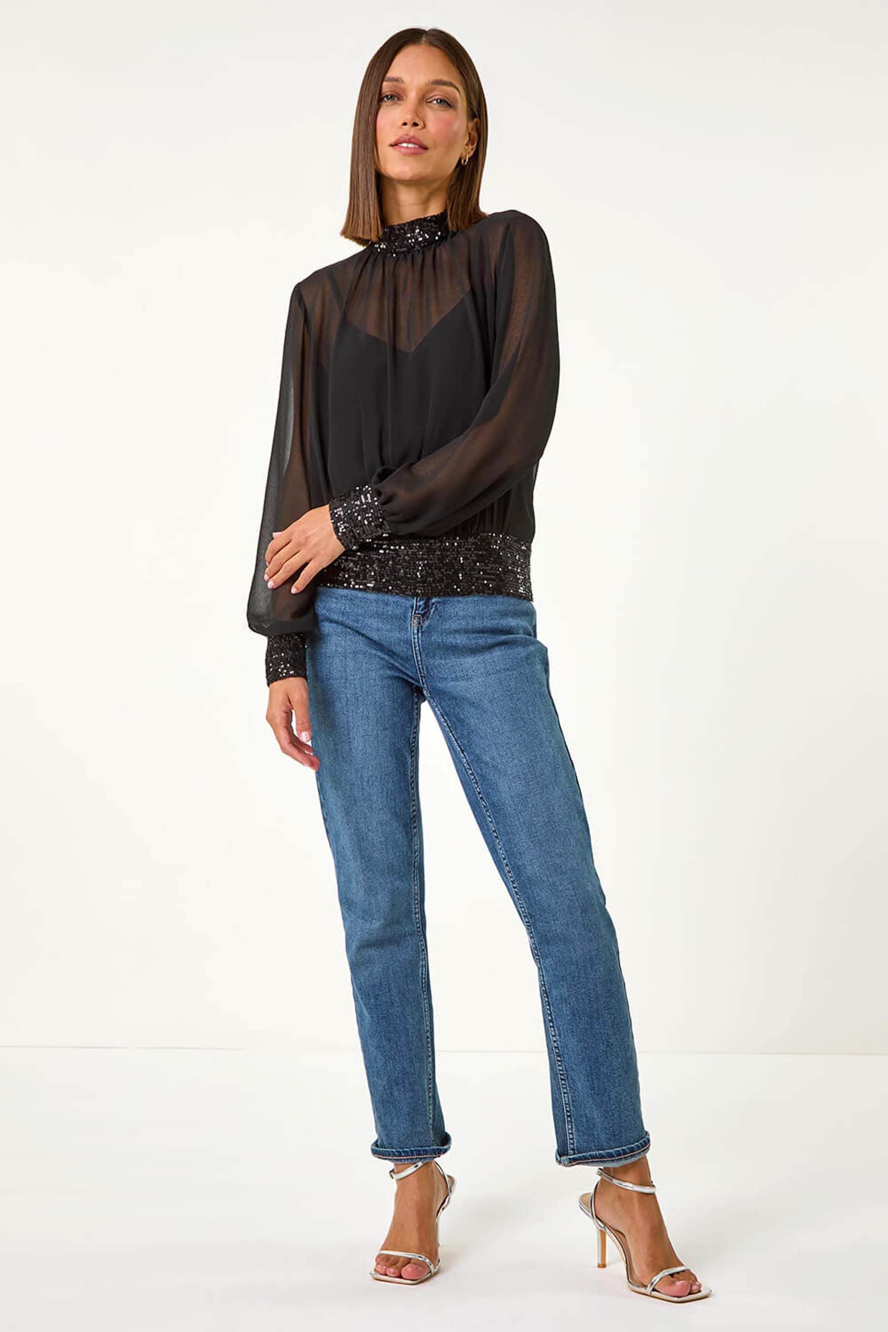 Buy Roman Black High Neck Chiffon Sequin Stretch Top from Next Ireland