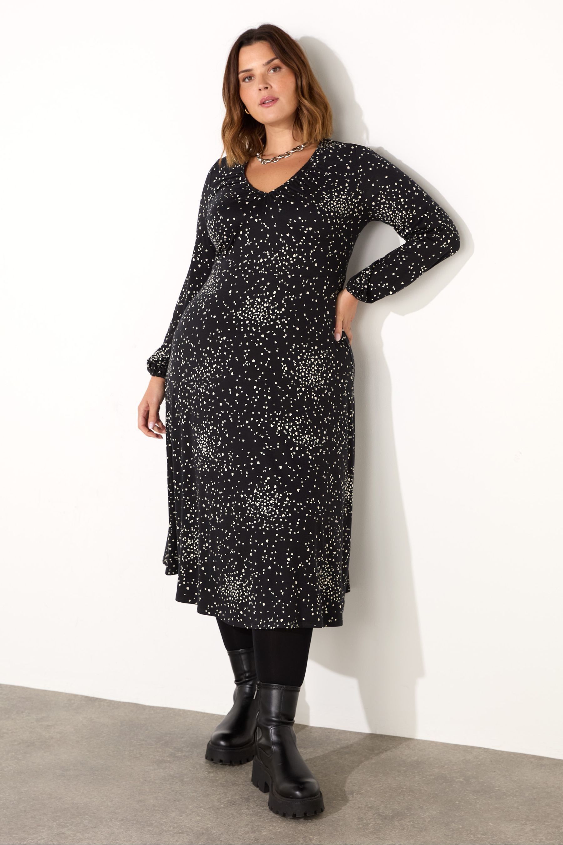 Buy Live Unlimited Black Curve Heart Print Gathered V Neck Jersey Dress from the Next UK online shop
