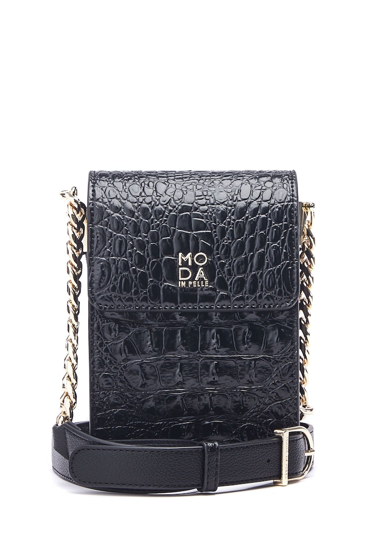 Moda in Pelle Bianka Patent Croc Effect Black Phone Bag - Image 1 of 4