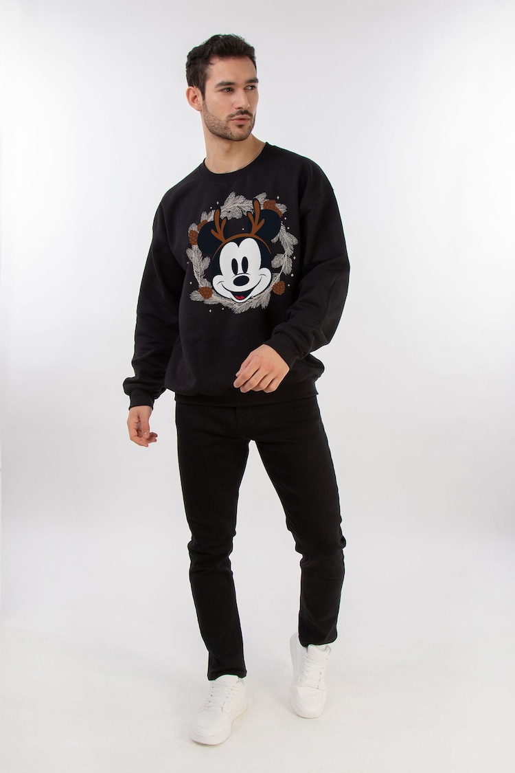 Brands In Black Disney Mickey Mouse Christmas Reindeer Wreath Men Black Sweatshirt - Image 2 of 4