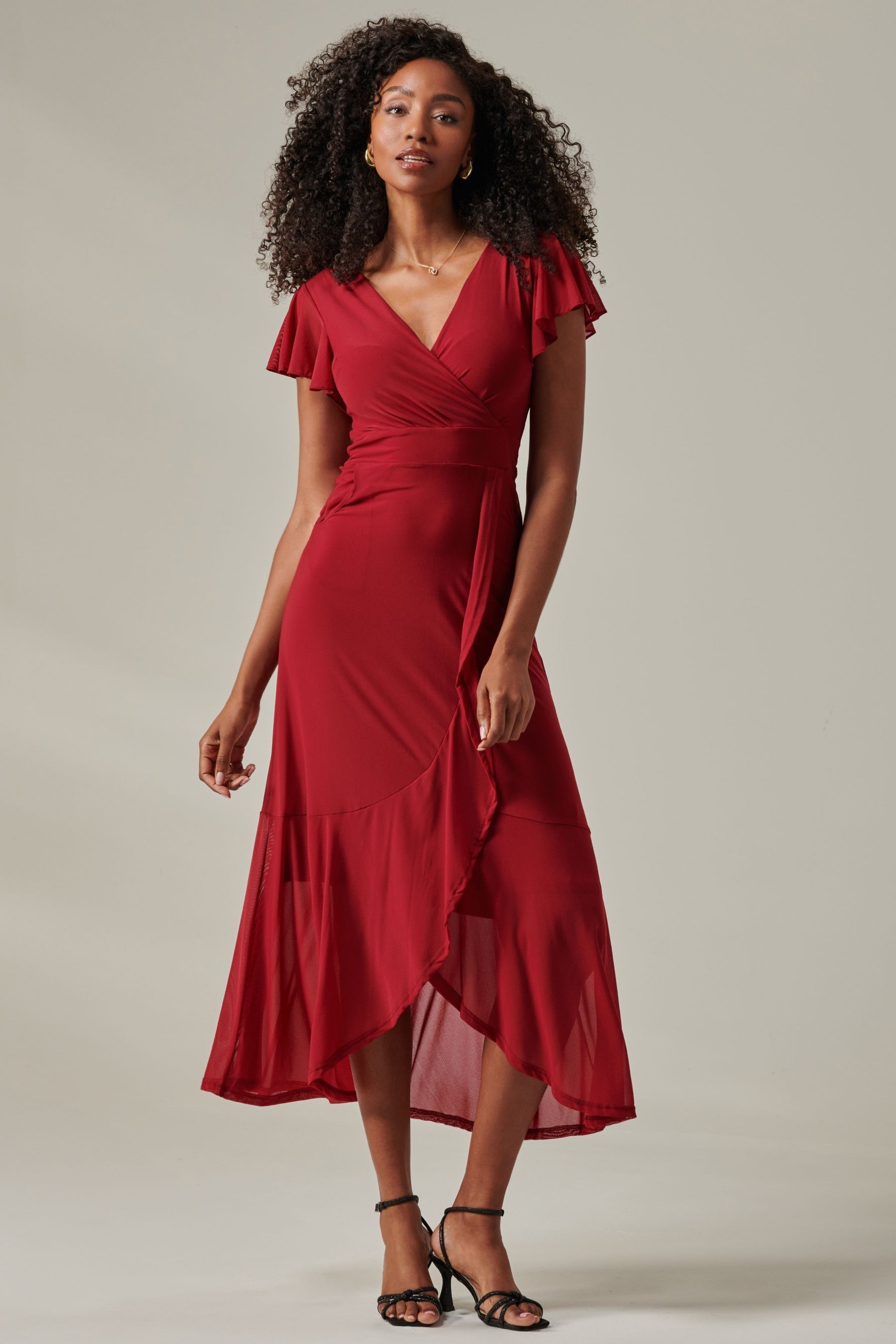 Jolie Moi Dark Red Plain Wrap Mesh Maxi Dress