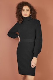 Yumi Black Roll sleep Knitted Dress With Fitted Waist - Image 1 of 5