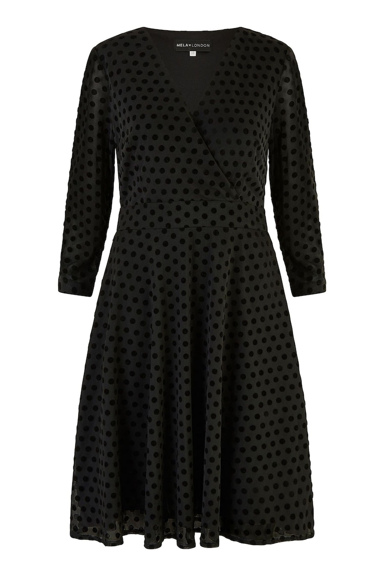 Yumi Black Velour Spot 3/4 Sleeve Wrap Skater Dress - Image 5 of 5