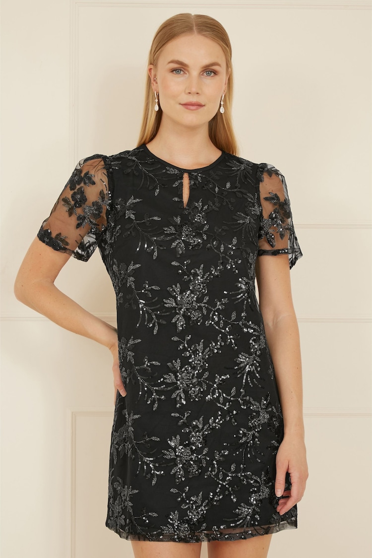 Yumi Black Sequin Embroidered Tunic Dress - Image 1 of 5