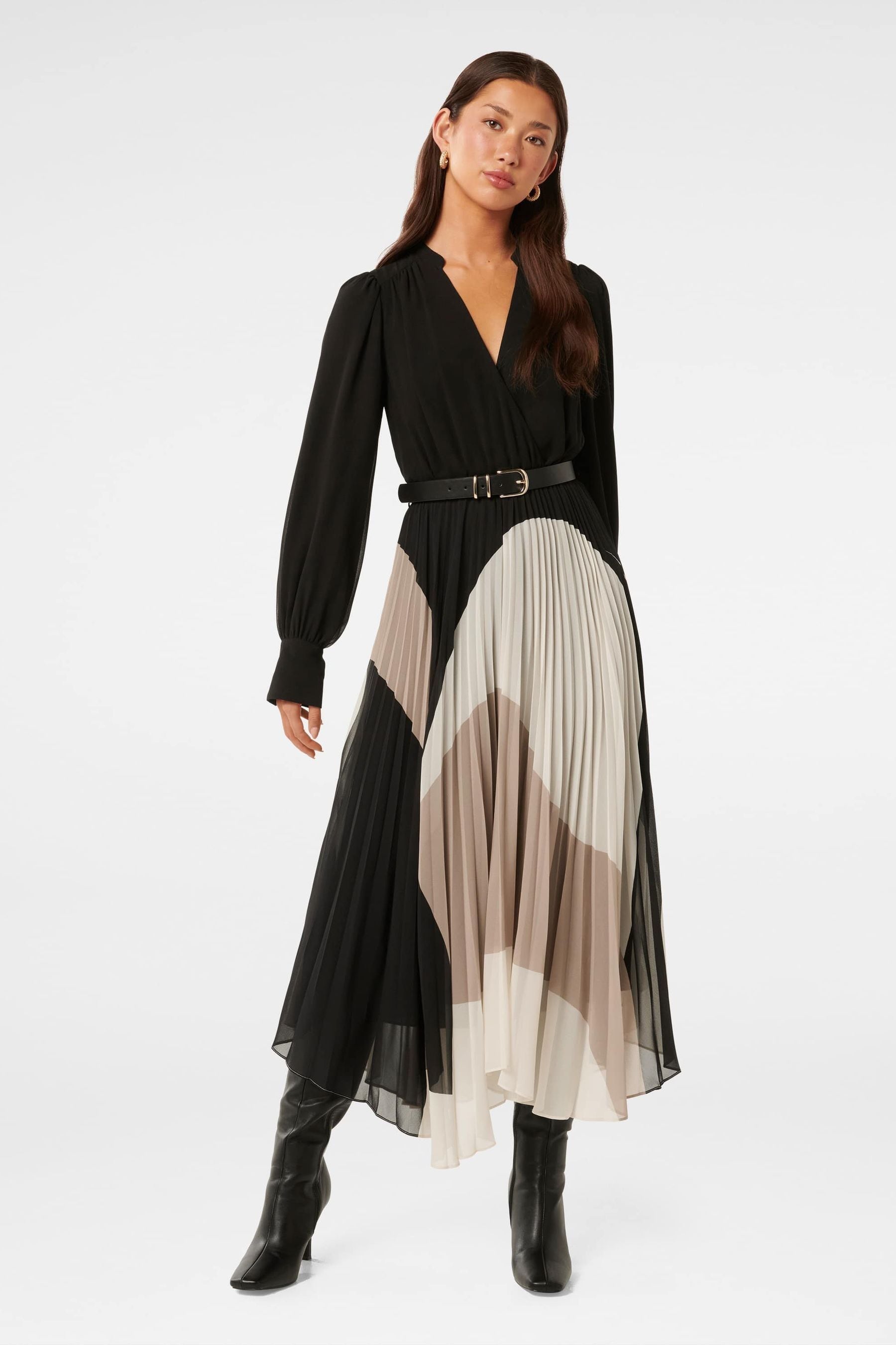Forever New Black Milan Pleated Midi Dress