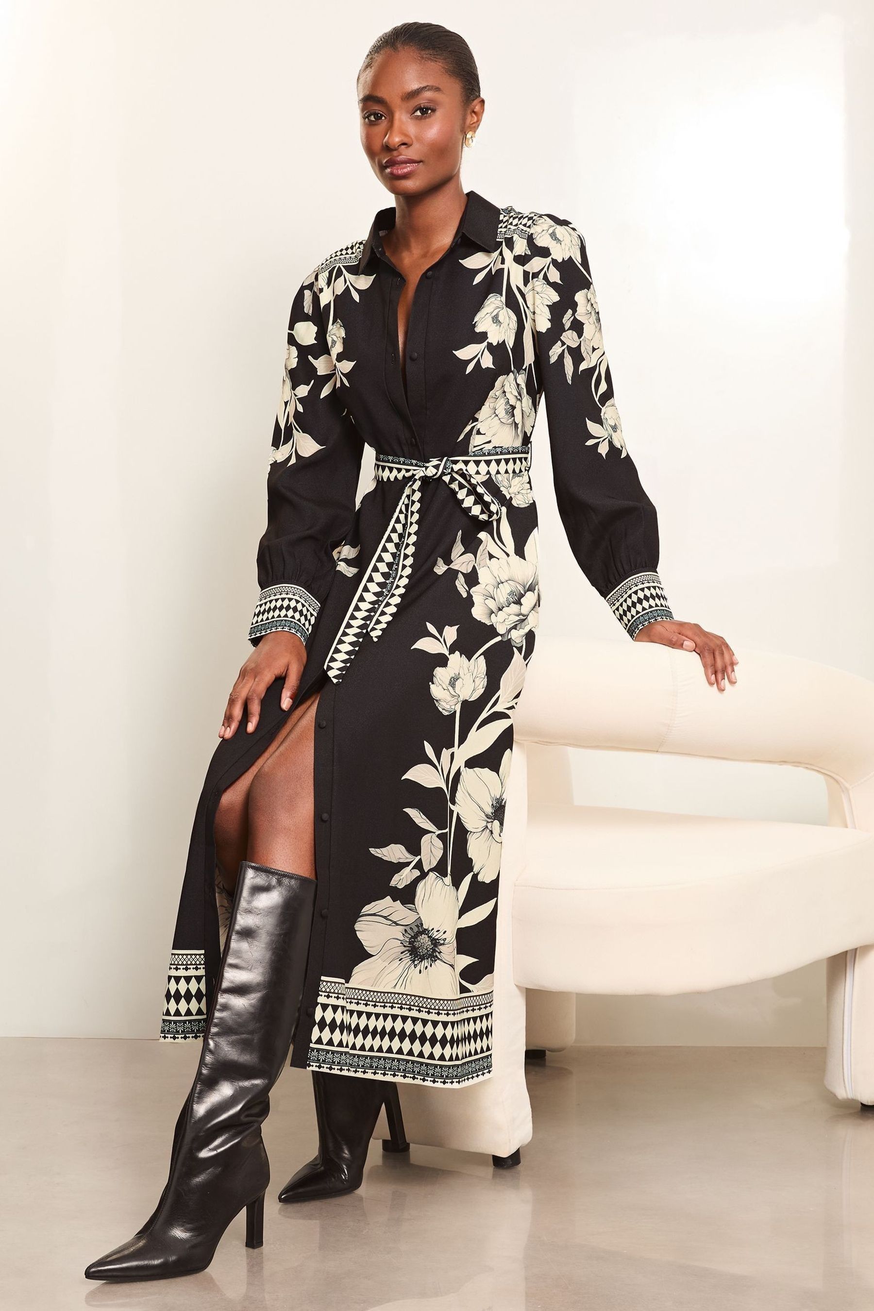 Buy Lipsy Black White Petite Long Sleeve Placement Print Shirt Dress from the Next UK online shop