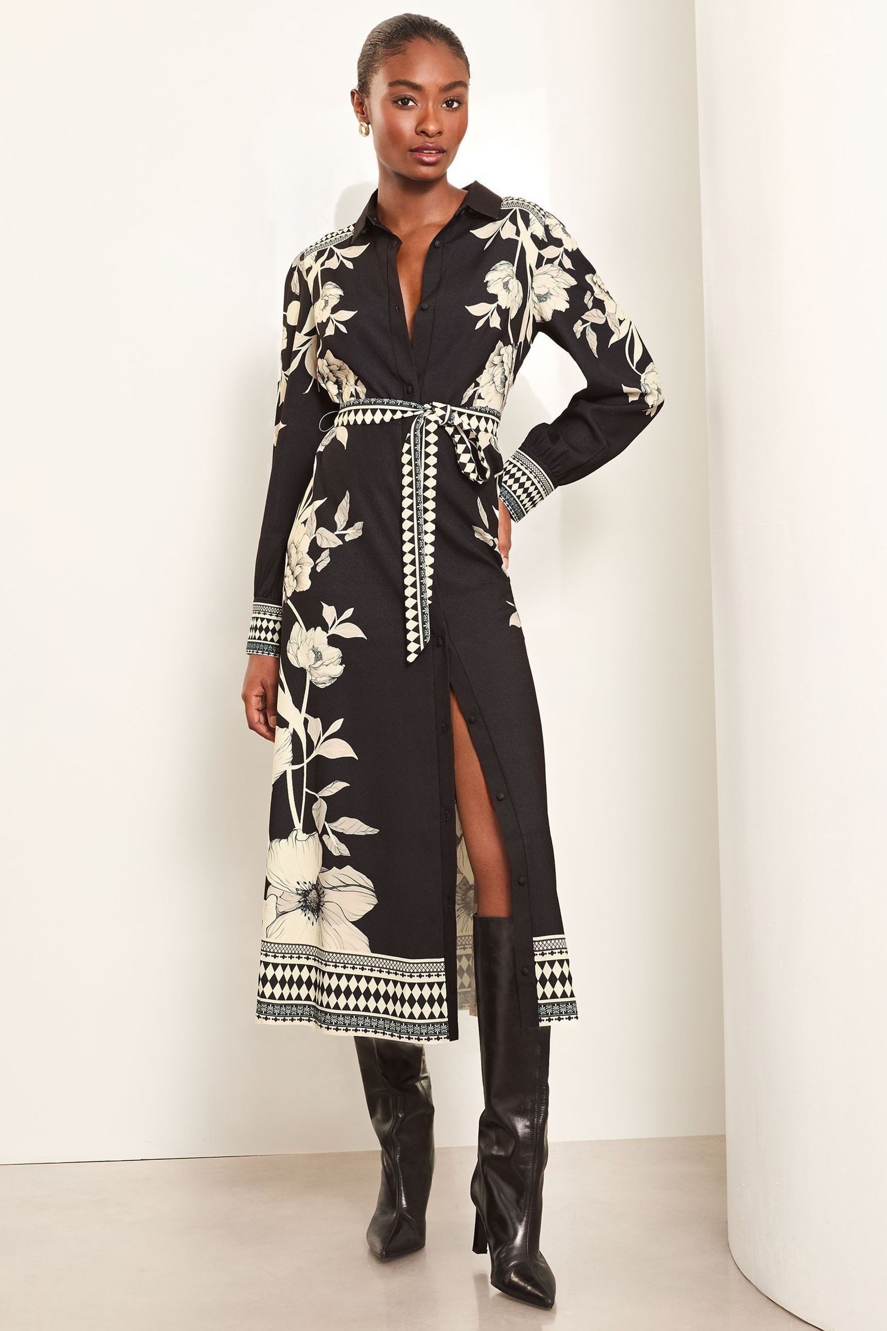 Lipsy Black White Petite Long Sleeve Placement Print Shirt Dress