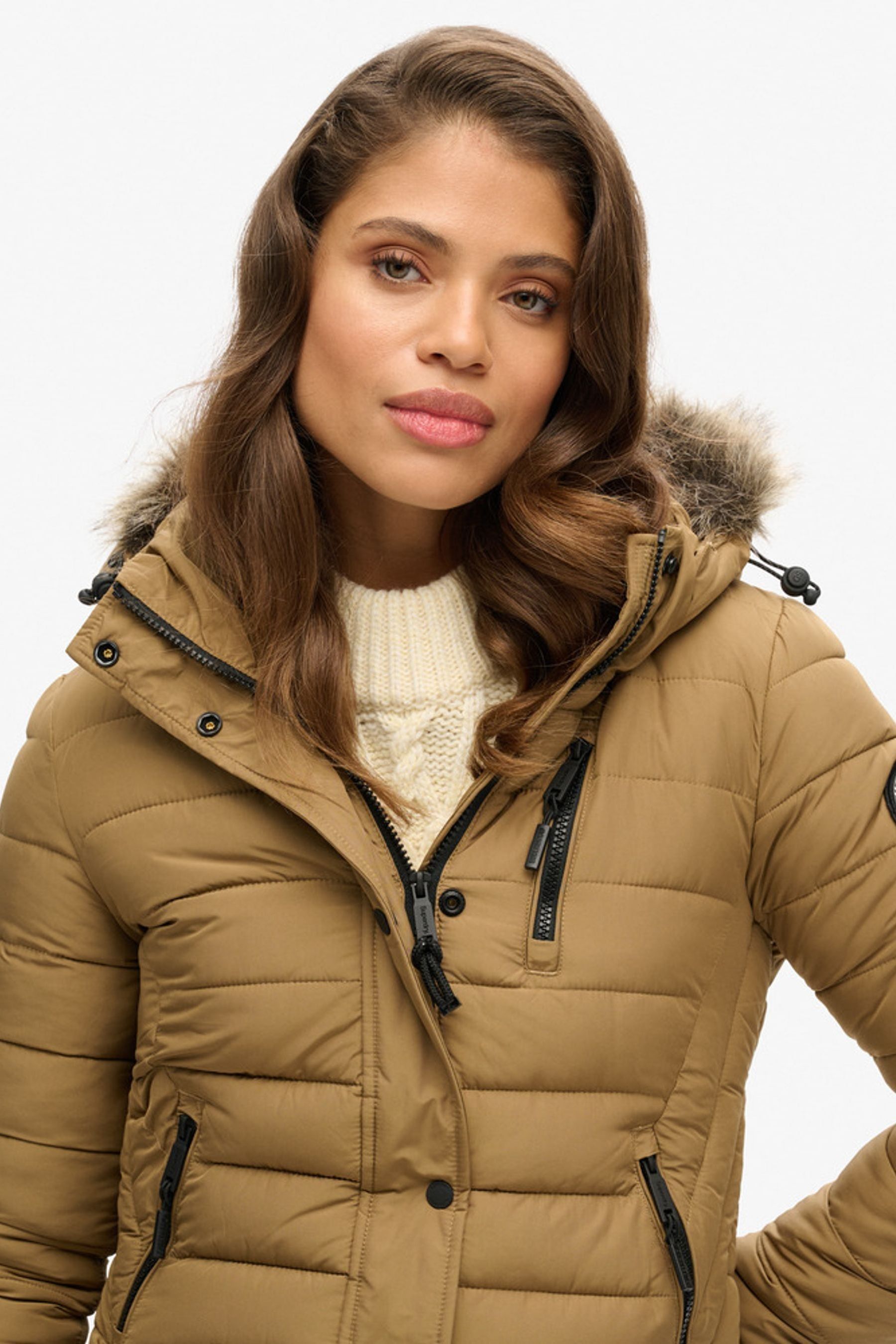 Brown puffer jacket with fur hood deals