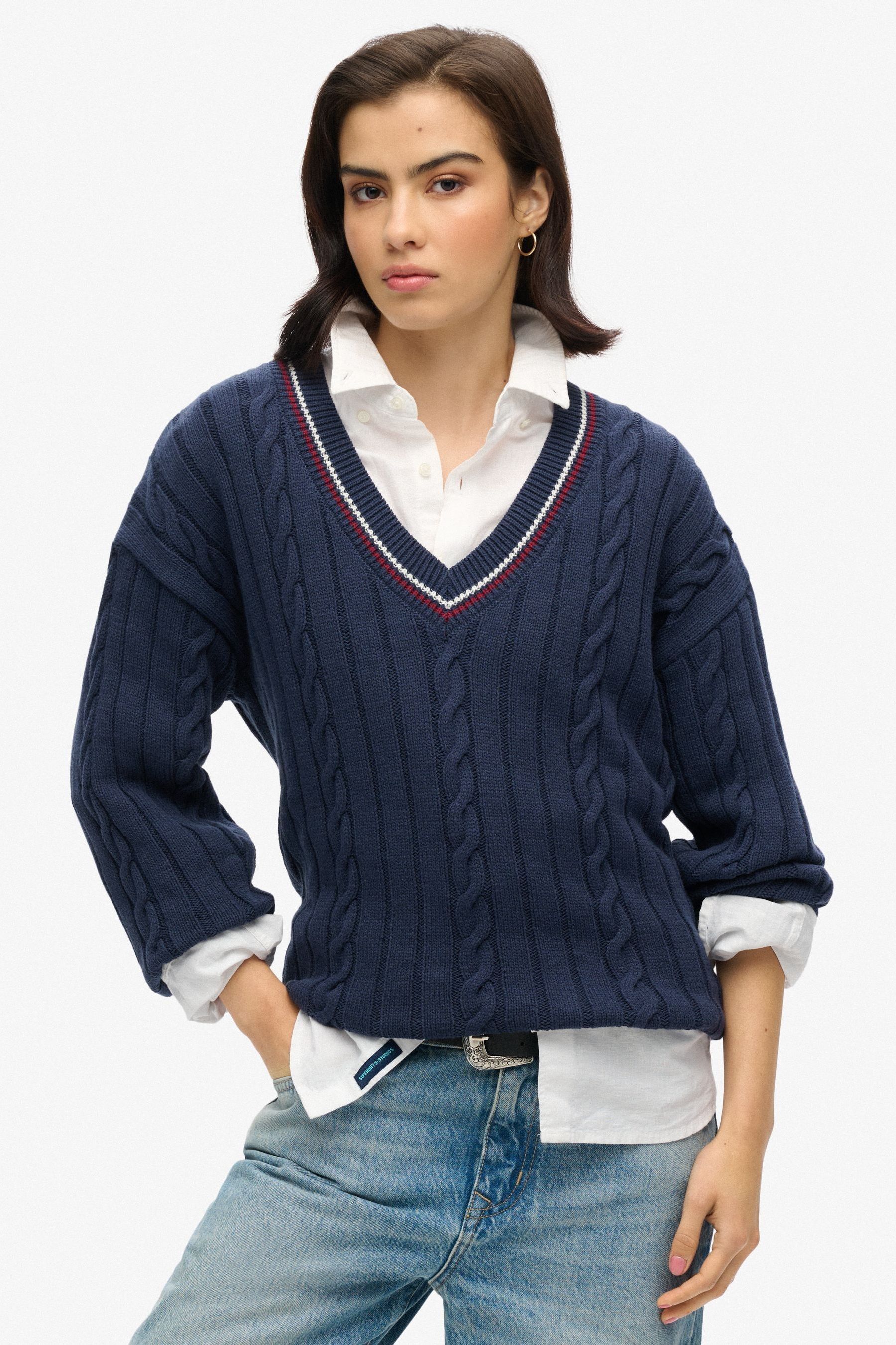 Superdry Cricket V Neck Sweater Blue L XL Woman