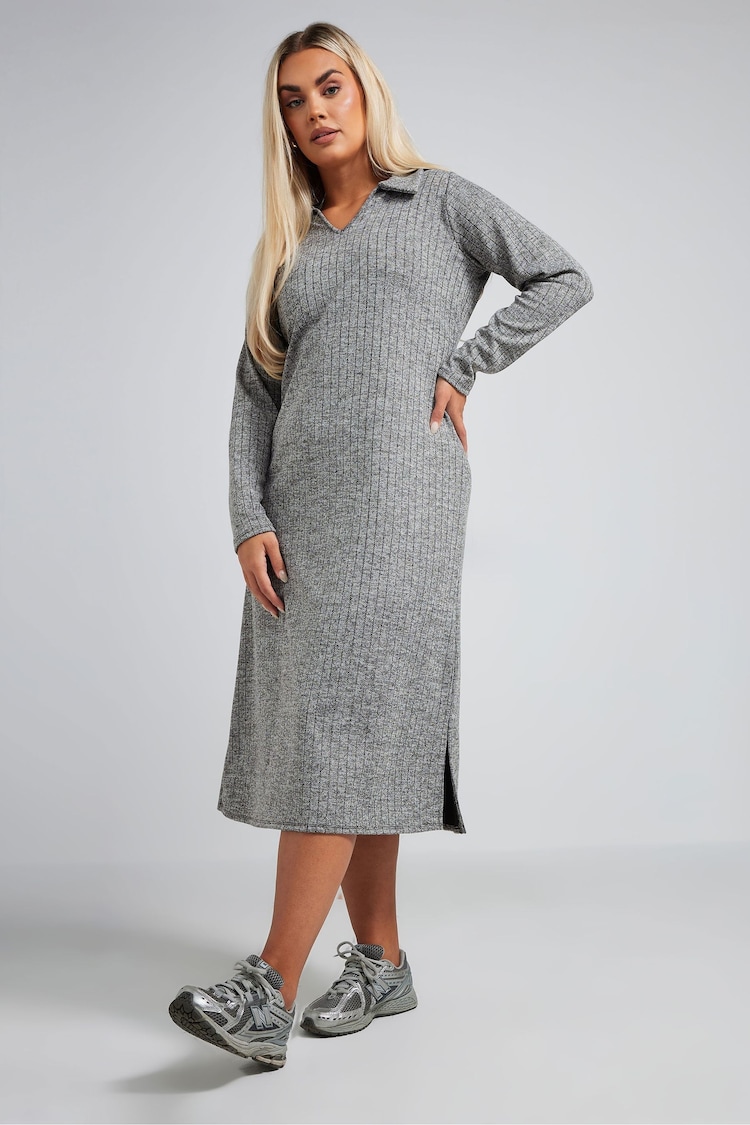 Yours Curve Grey Limited Collection Ribbed Collar Midi Dress - Image 2 of 5