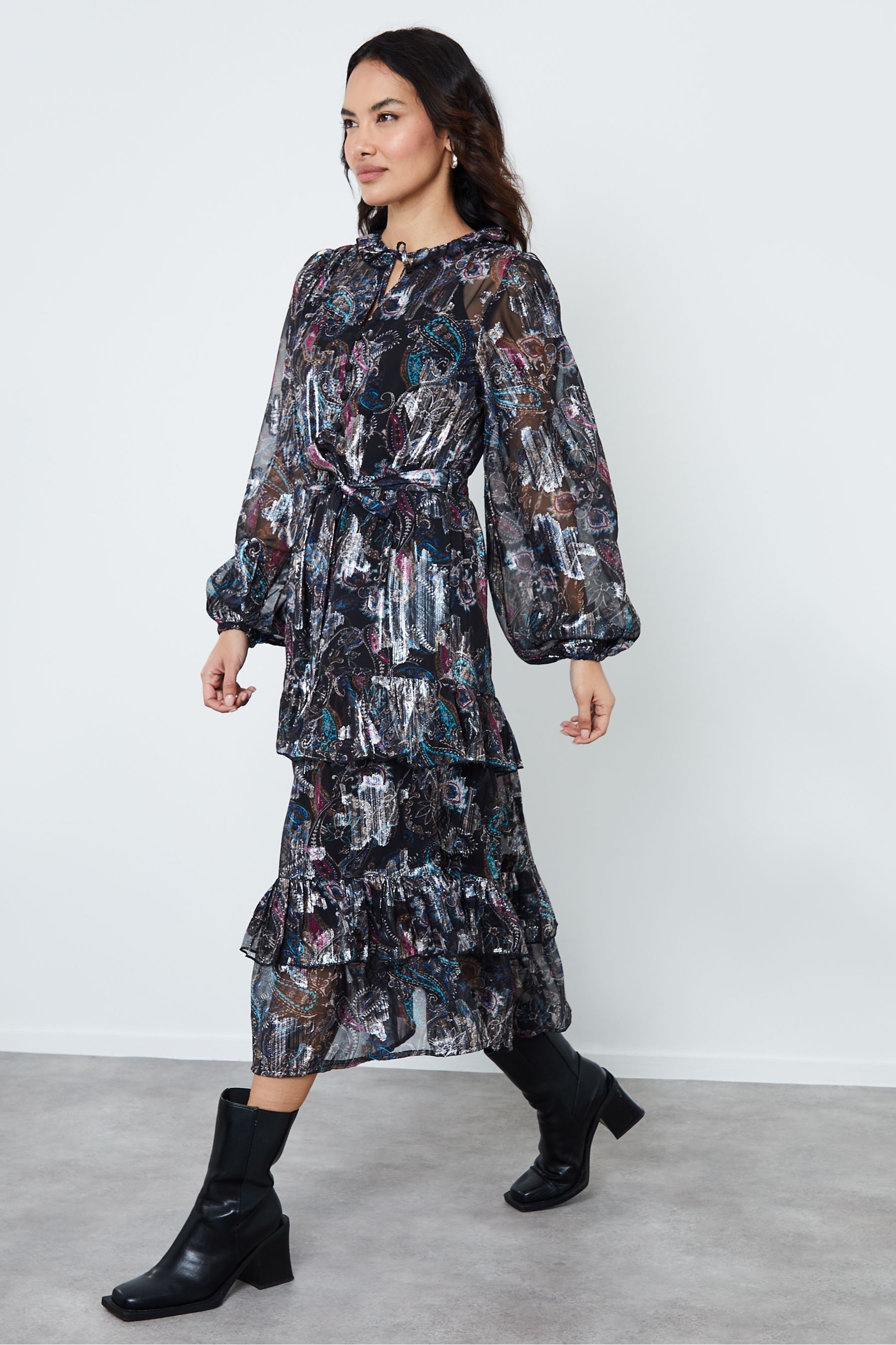 Buy Another Sunday Ruffle Detail Tiered Black Dress With Long Sleeve from Next Luxembourg