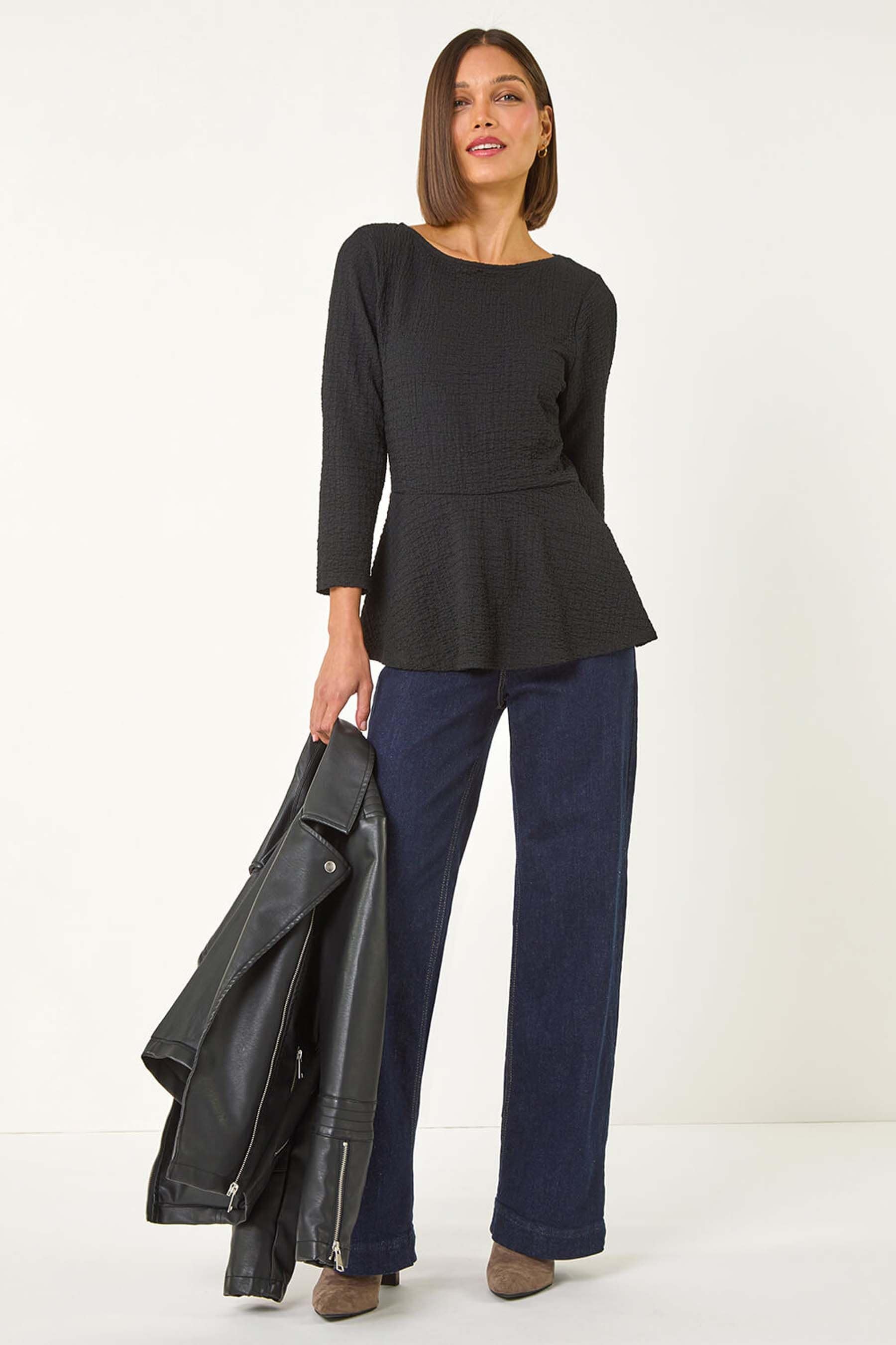 Roman Black Textured Peplum Stretch Top