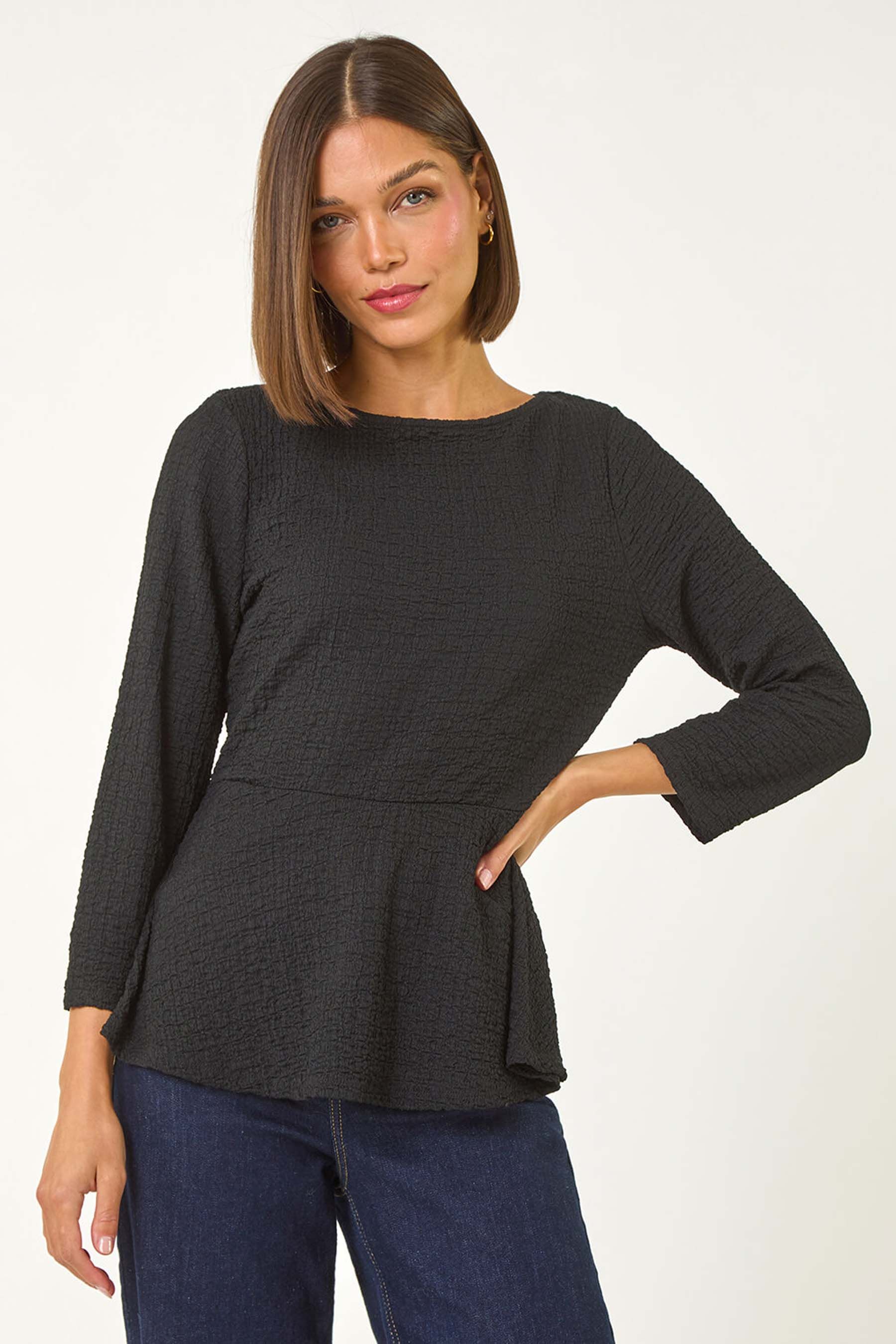 Roman Black Textured Peplum Stretch Top