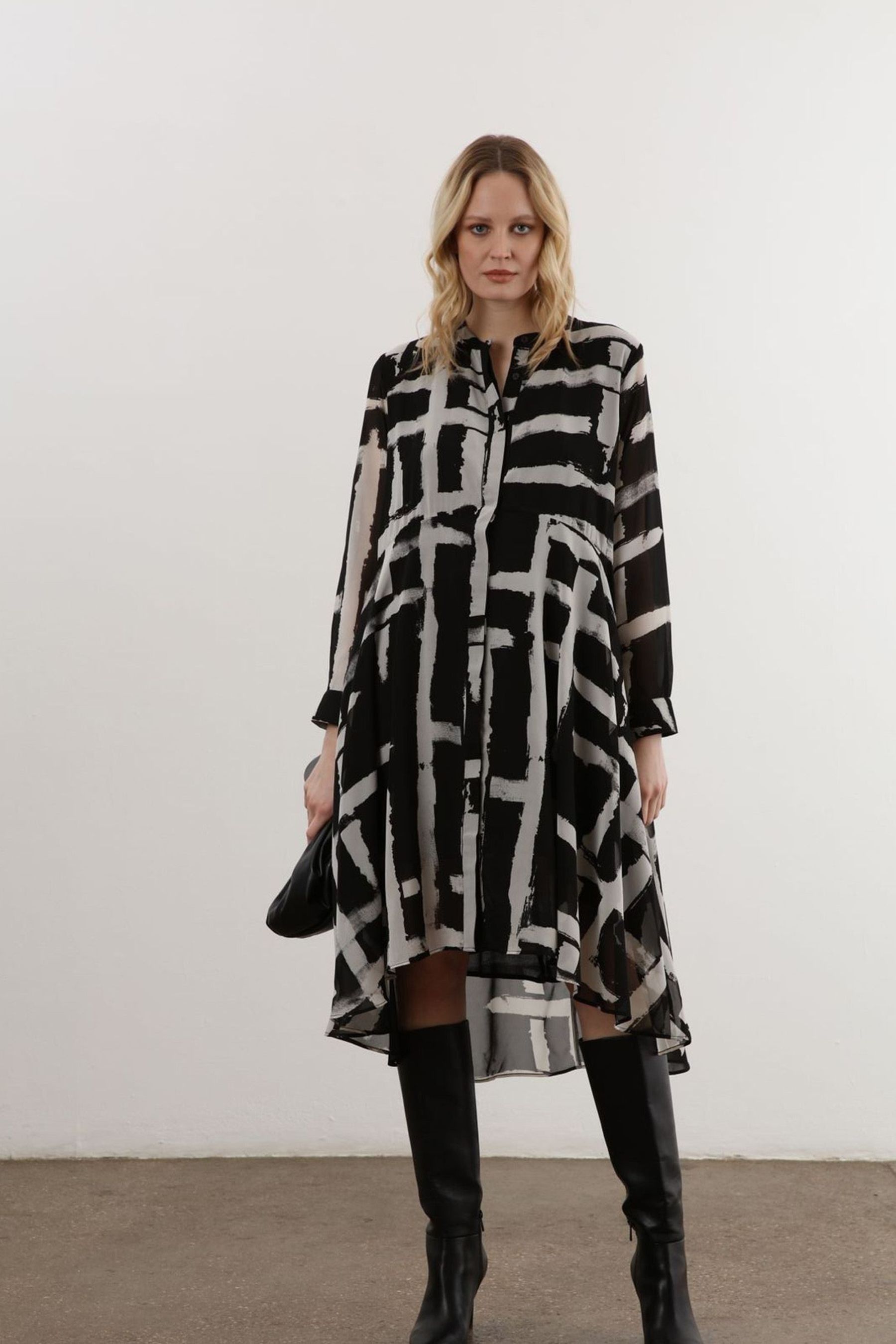 Religion Black High Low Midi Shirt Dress In Bold Monochrome Abstract Print