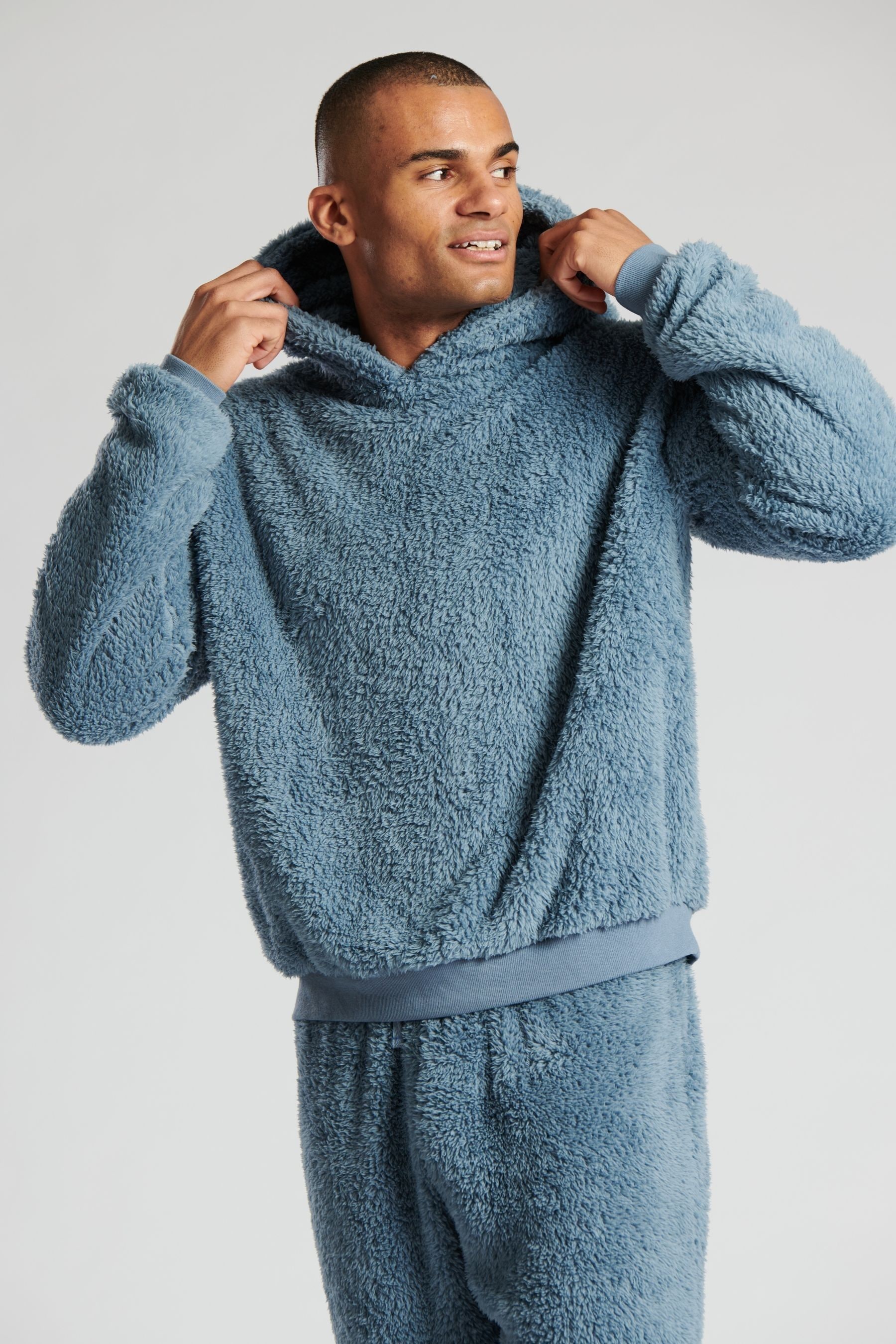 Buy Loungeable Blue Vintage Sherpa Mens Hoodie With Self Fabric Hood Lining from the Next UK online shop
