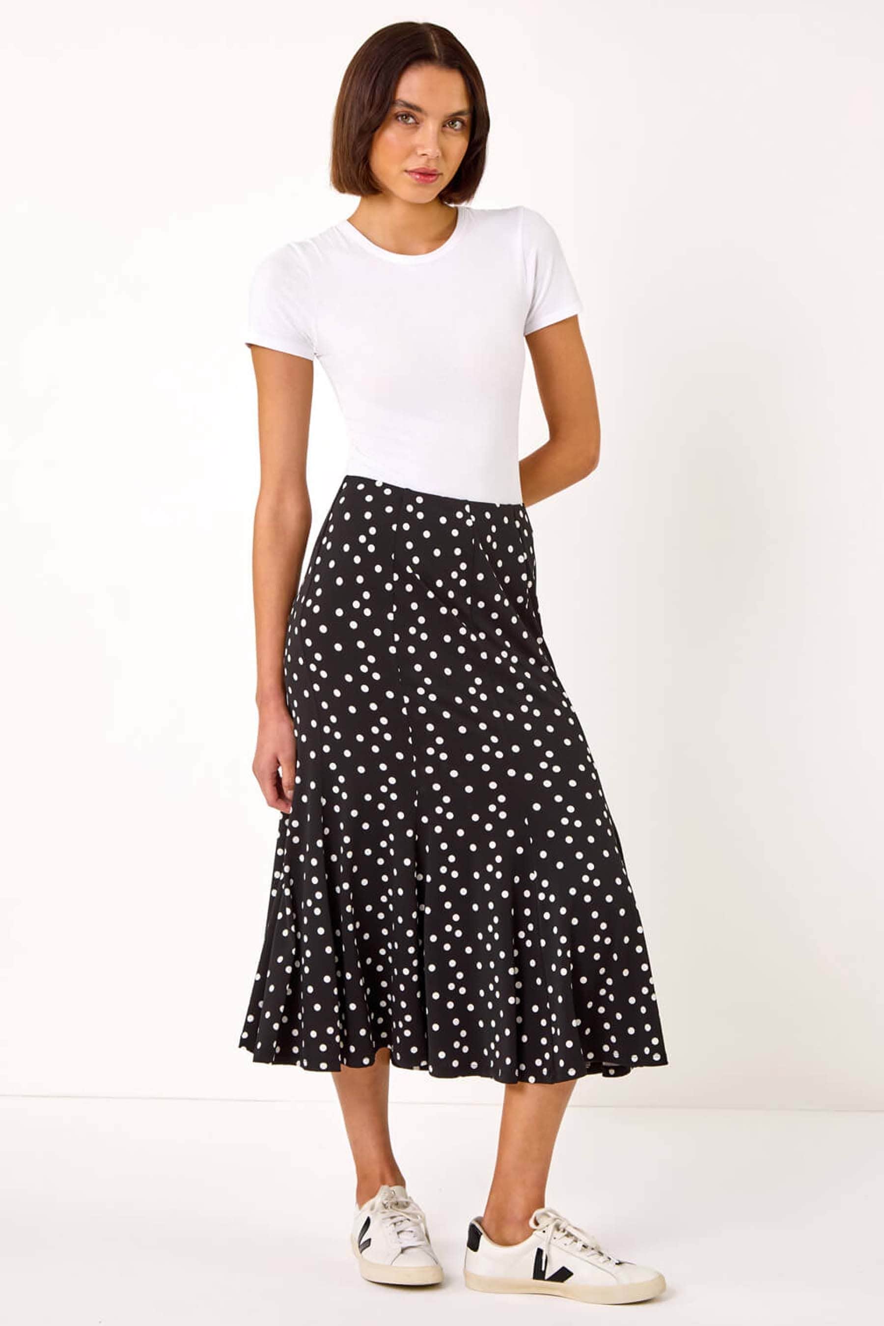 Roman Black Polkadot Print Panel Skirt