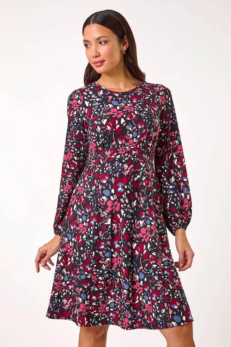 Roman Pink Floral Print Ruched Stretch Dress - Image 2 of 5