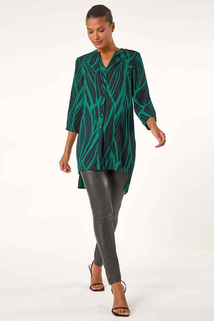 Roman Green Abstract Print V-Neck Longline Blouse - Image 1 of 5