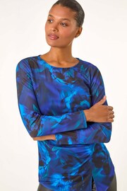 Roman Blue Blurred Print Ruched Stretch Mesh Top - Image 4 of 5