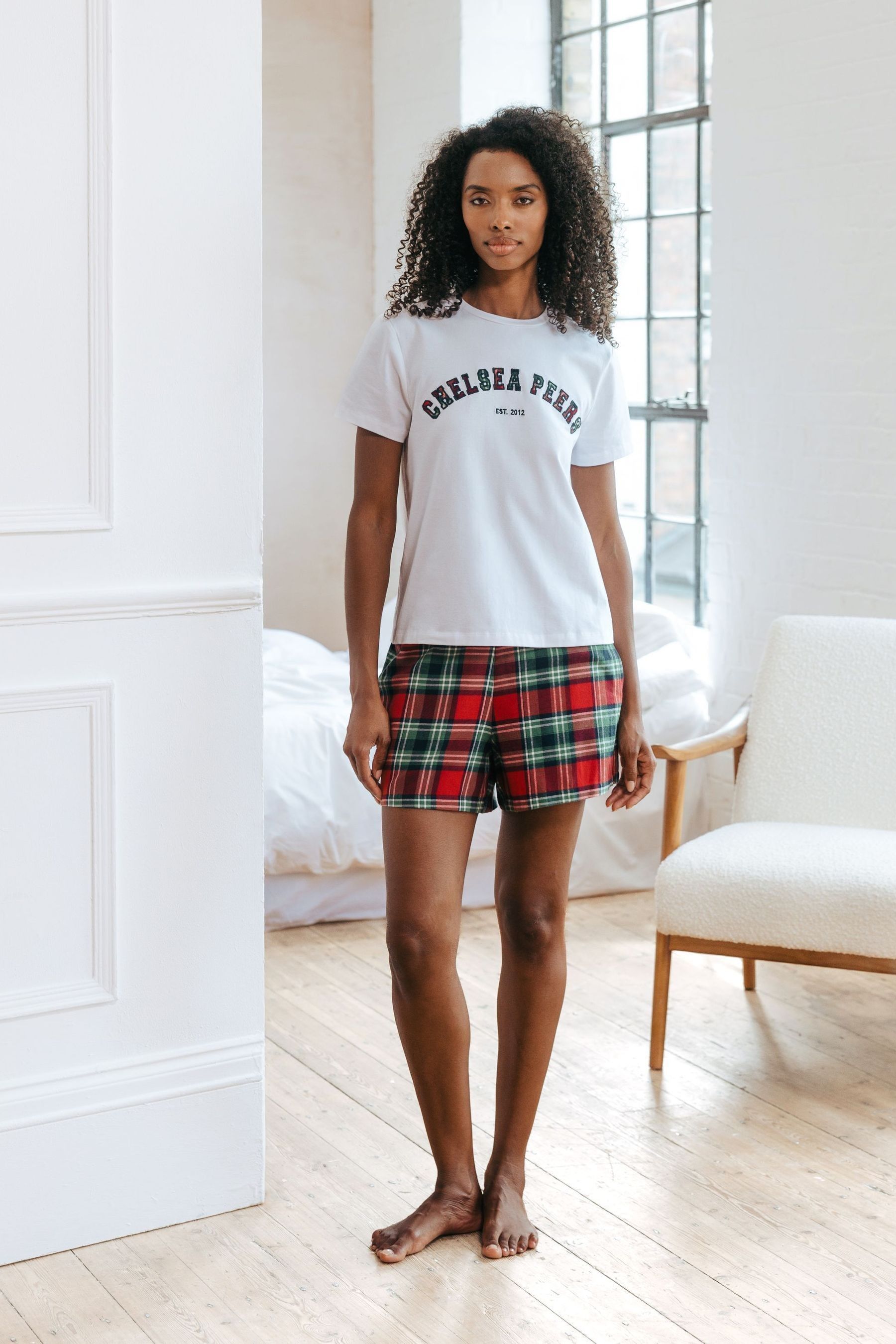Chelsea Peers Red Organic Cotton Brushed Check Short Pyjamas Set 14 Womens