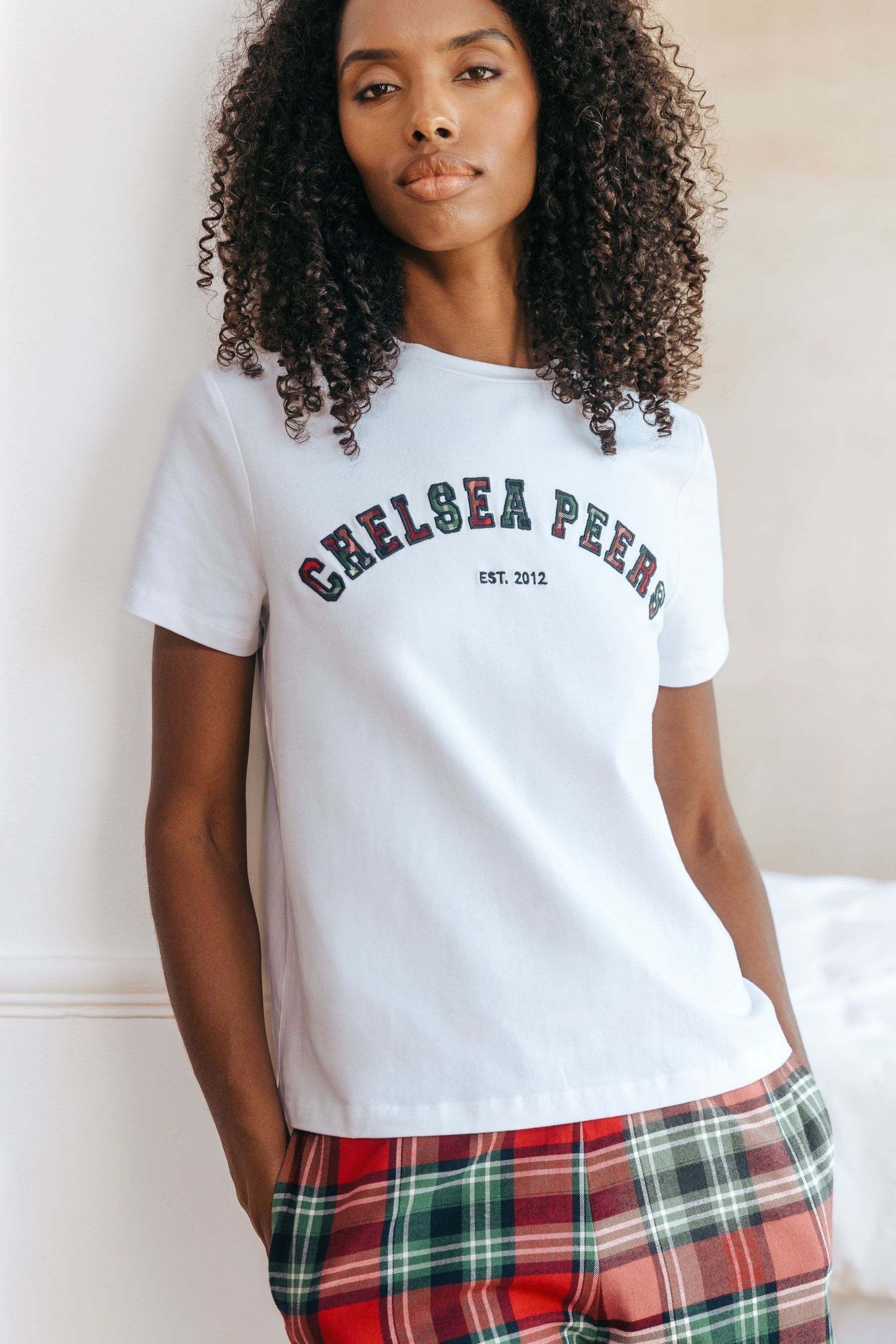 Chelsea Peers Red Organic Cotton Brushed Check Short Pyjamas Set 14 Womens