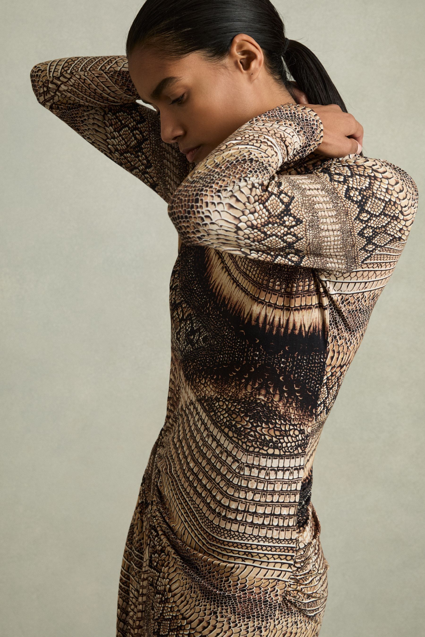 Buy Reiss Brown Naomi Snake Print Draped Midi Dress from the Next UK online shop