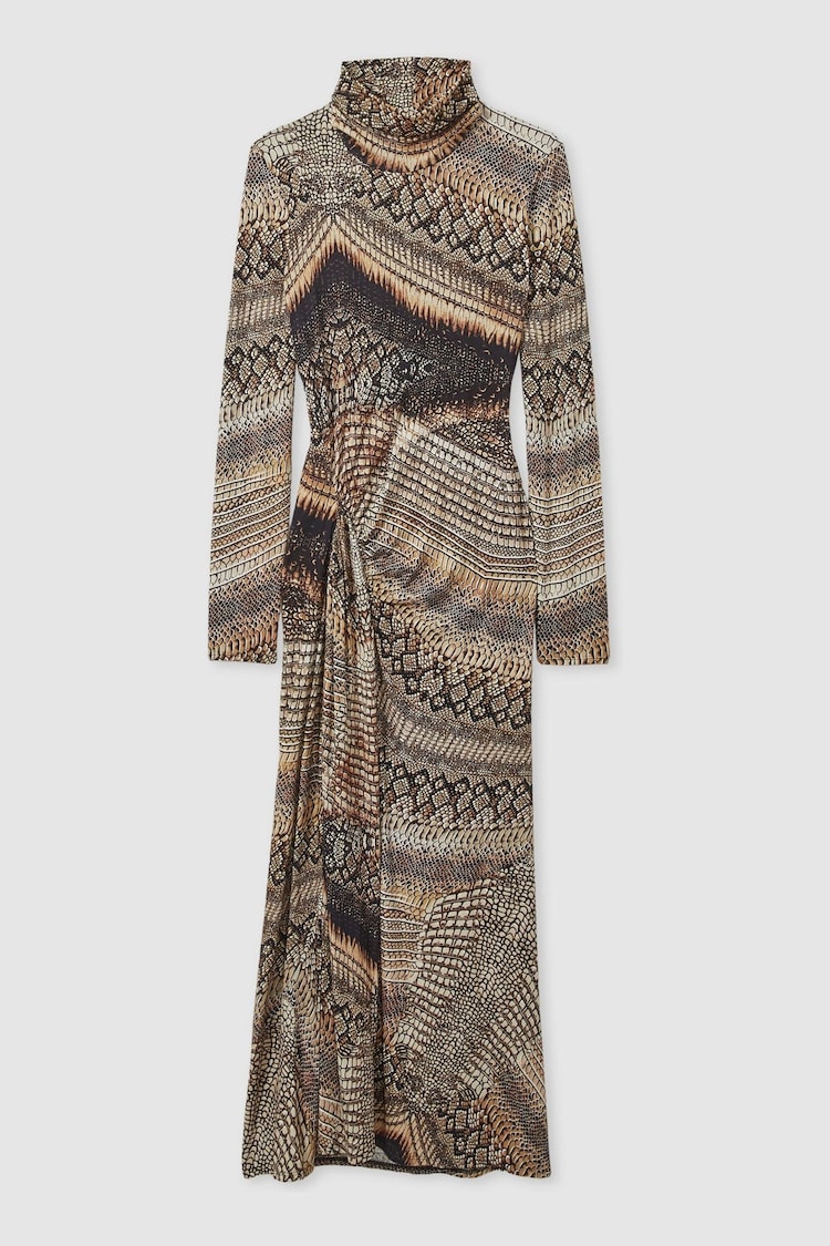 Reiss Brown Naomi Snake-Print Draped Midi Dress - Image 2 of 6