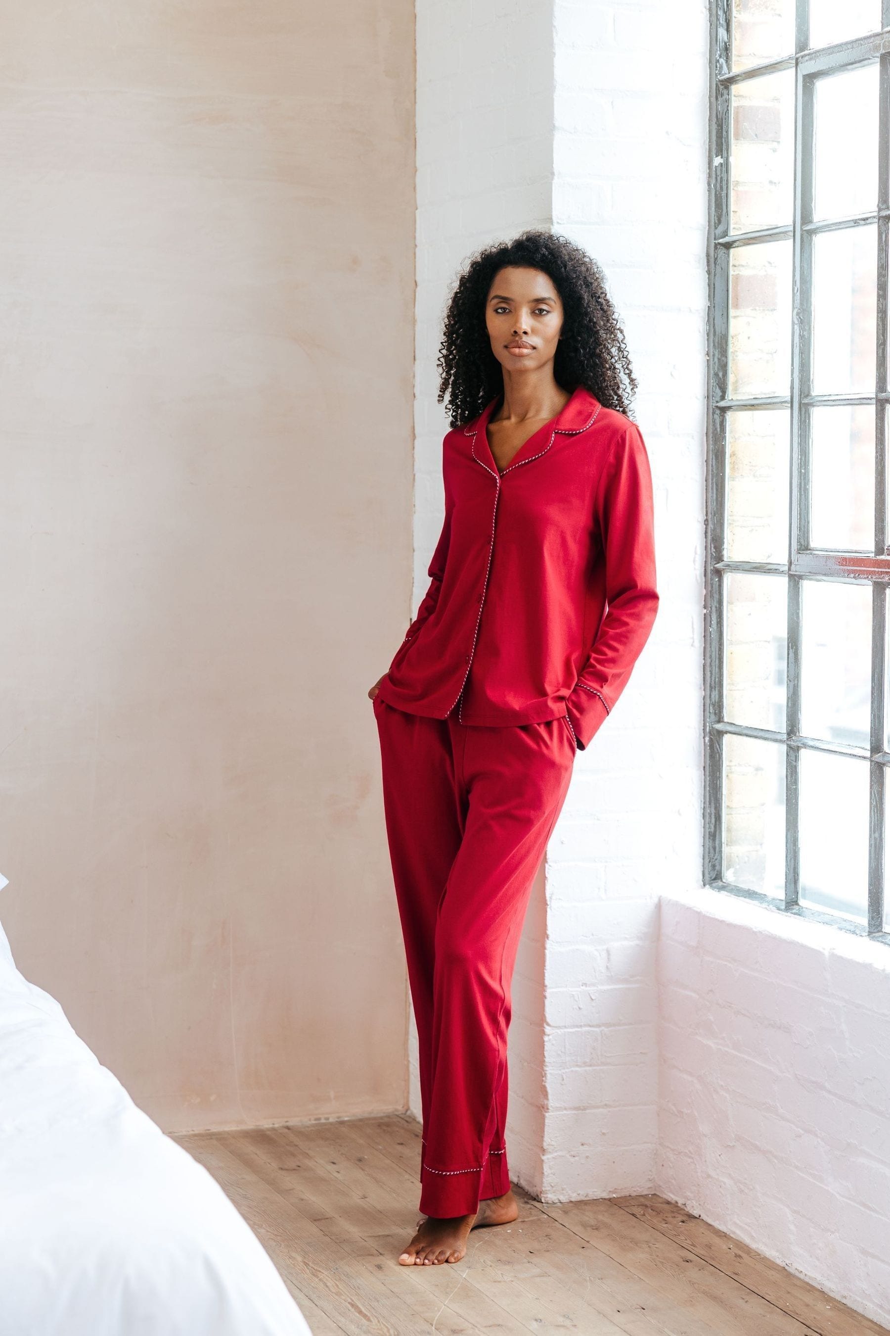Chelsea Peers Red Christmas Candy Cane Stripe Trim Long 100 Organic Cotton Pyjamas Set 12 Womens