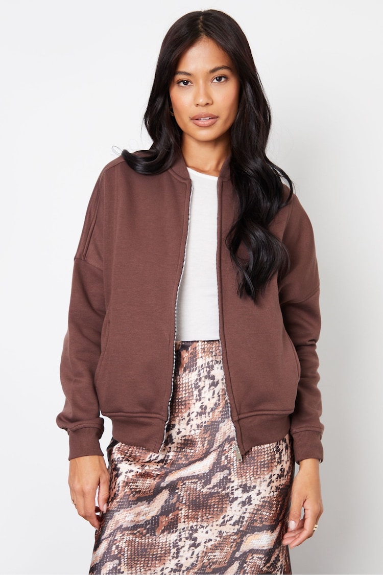 Threadbare Brown Zip-Up Sweat Bomber Jacket - Image 1 of 5