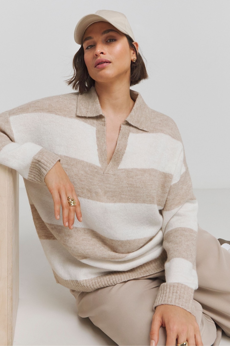 Simply Be Cream Stripe Collar Jumper - Image 1 of 4