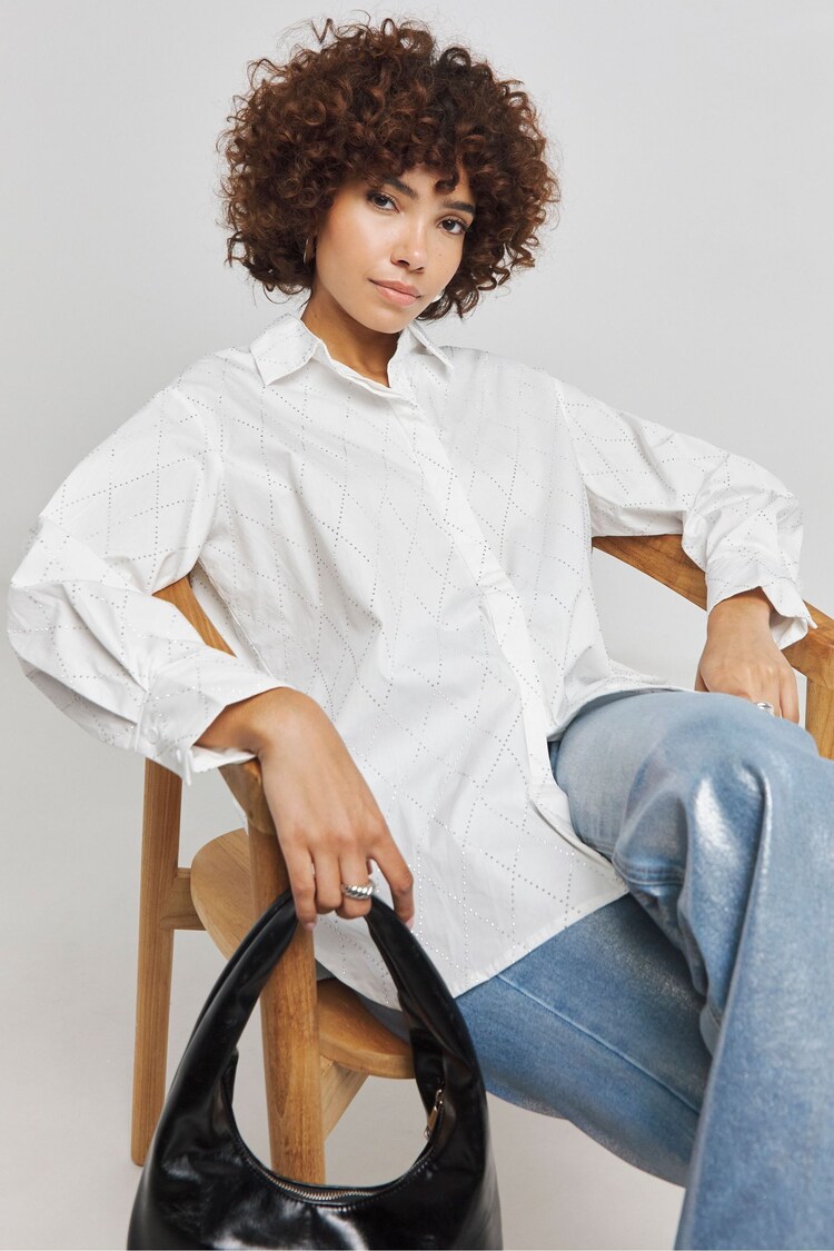 Simply Be White Oversized 100% Cotton Embellished Shirt - Image 1 of 4