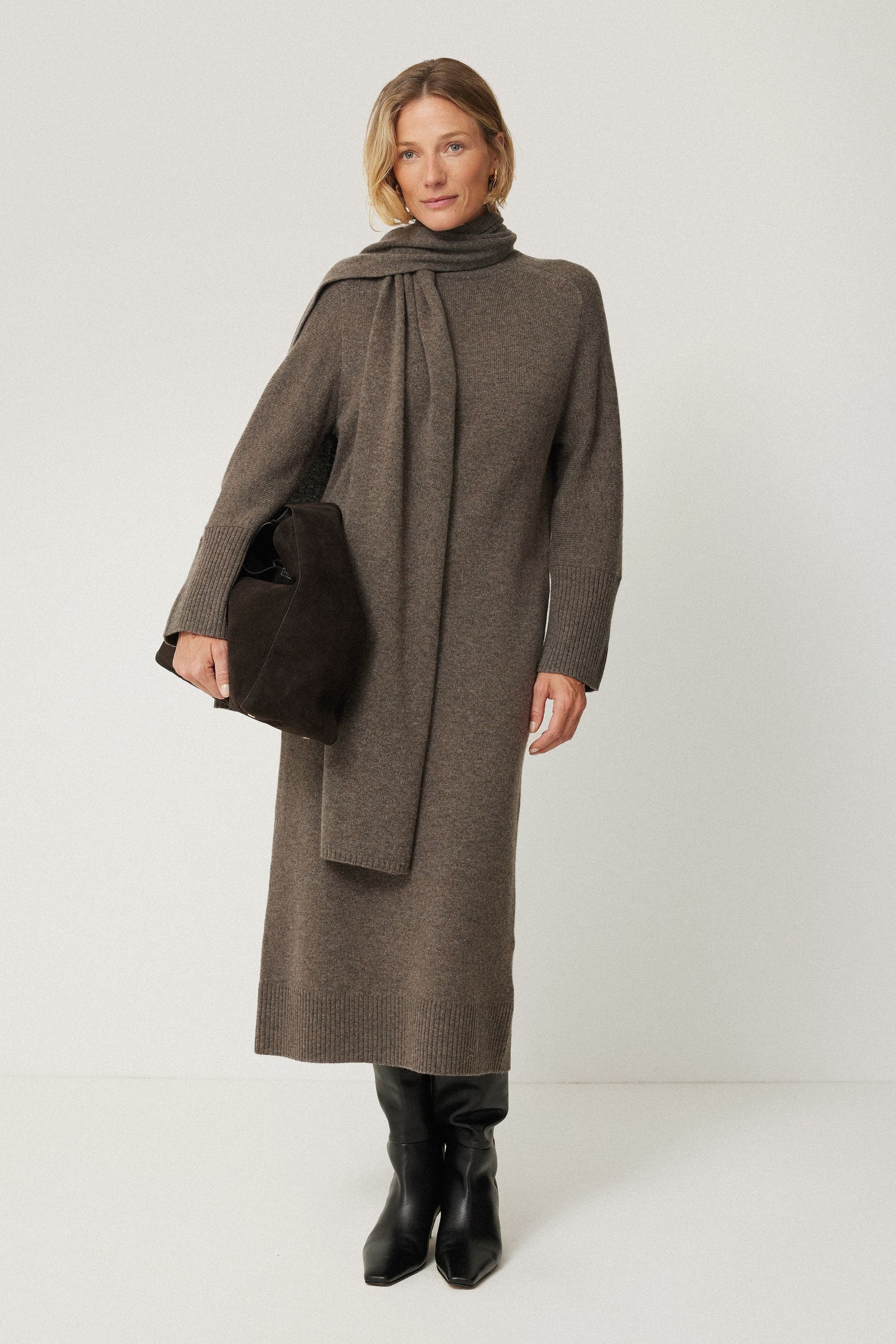 Jigsaw Brown Soft Wool Scarf Jumper Dress
