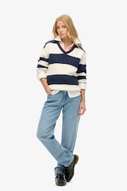 Superdry Blue Oversized Stripe Cable V-Neck Jumper - Image 1 of 2