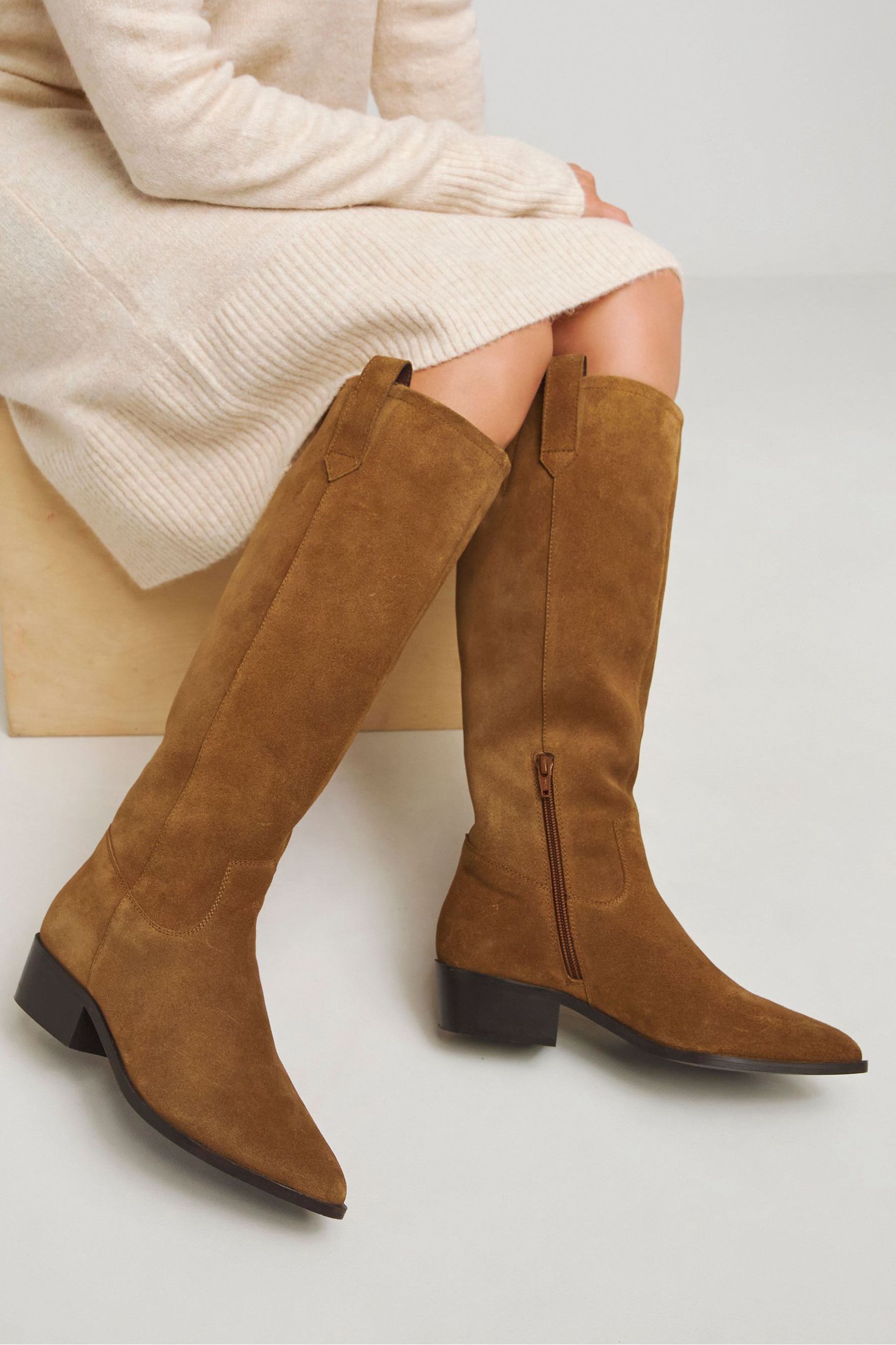 Buy JD Williams Natural Knee High Suede Cowboy Boots In Extra Wide Fit from the Next UK online shop
