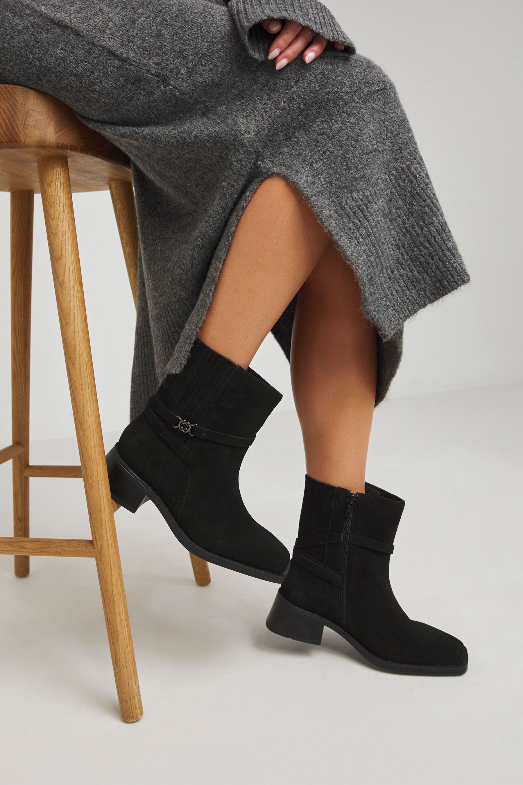 JD Williams Black Suede Square Toe Boots With Concealed Gusset In Wide Fit