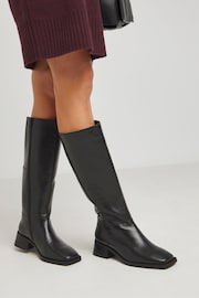 JD Williams Black Low Block Heel Leather Knee High Boots In Extra Wide Fit - Image 1 of 4