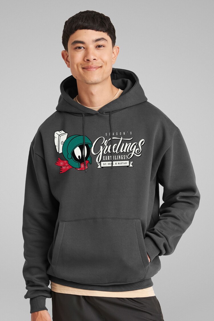 All + Every Grey Looney Tunes Christmas Marvin Seasons Greetings Earthlings Mens Hooded Sweatshirt - Image 2 of 4