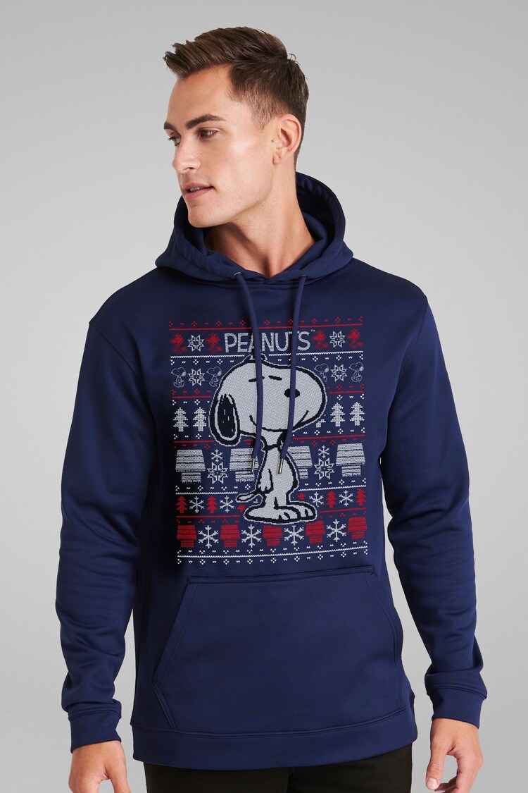 All + Every Blue Peanuts Snoopy Christmas Knit Pattern Mens Hooded Sweatshirt - Image 1 of 4