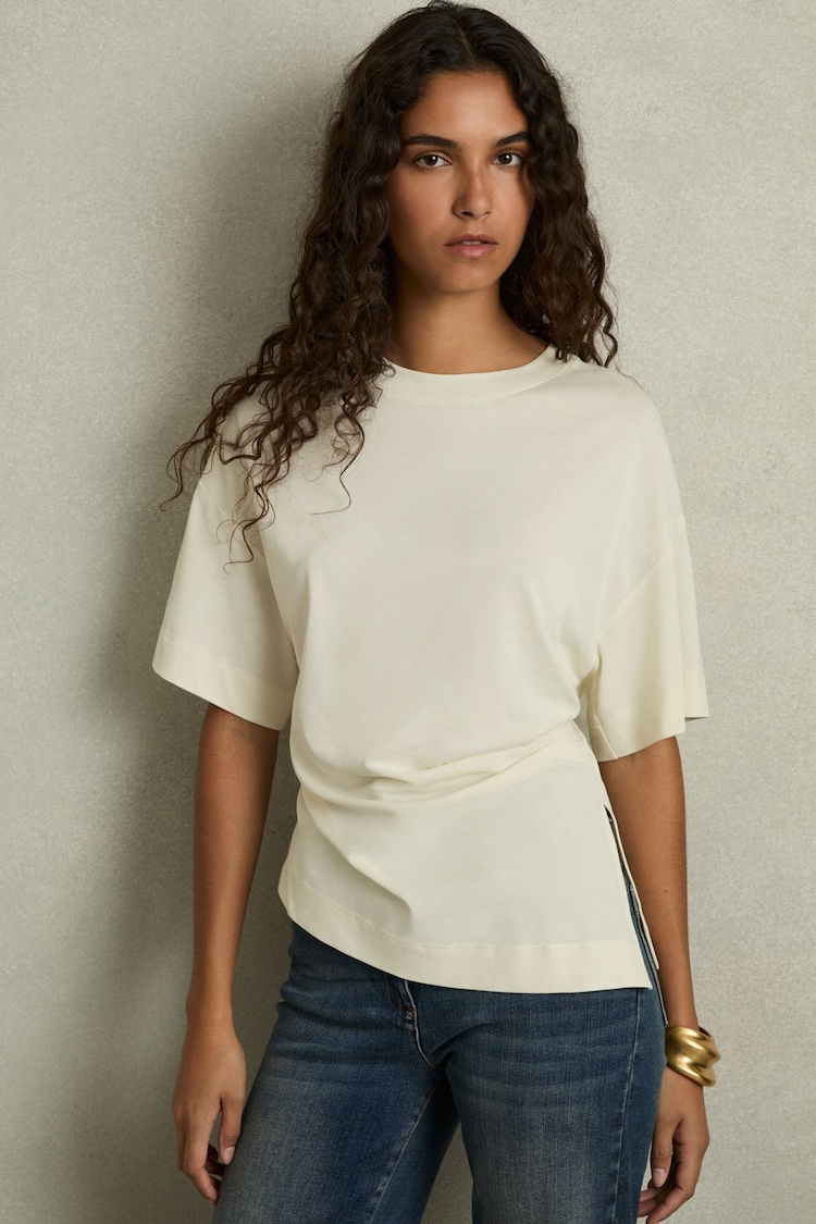 Reiss Ivory Audrey Draped Crew-Neck T-Shirt With Cotton - Image 1 of 6