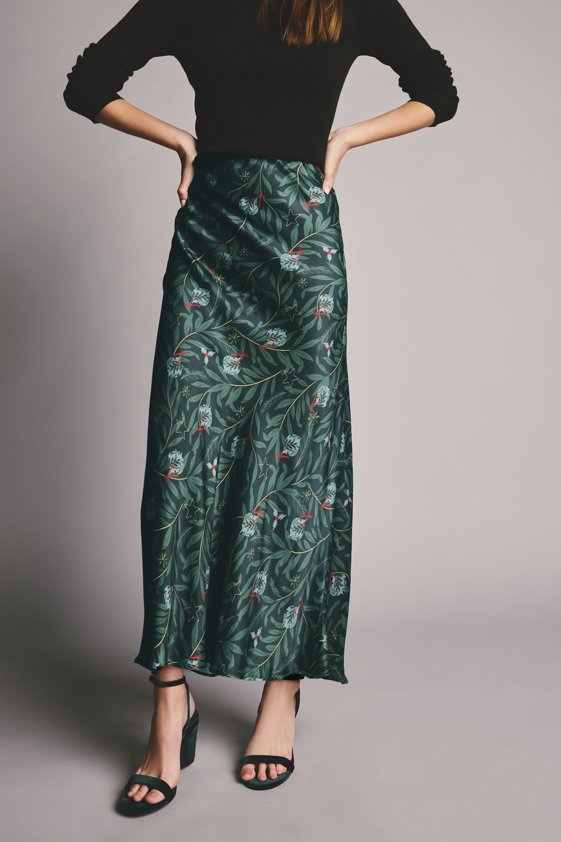 Buy Green Festive Christmas Bauble Printed Satin Midi Skirt from the Next UK online shop