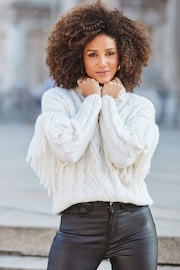 Sosandar Cream Fringe Detail Roll Neck Cable Jumper - Image 1 of 5