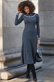 Sosandar Grey Knitted Fit and Flare Petite Fairisle Midaxi Dress - Image 1 of 5