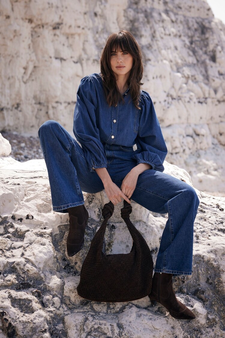 Mint Velvet Blue Wash Puff Sleeve Denim 100% Cotton Blouse - Image 2 of 4