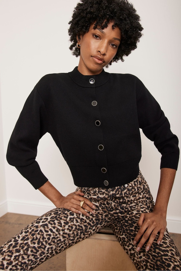 Mint Velvet Black Knitted Cropped Cardigan - Image 1 of 4