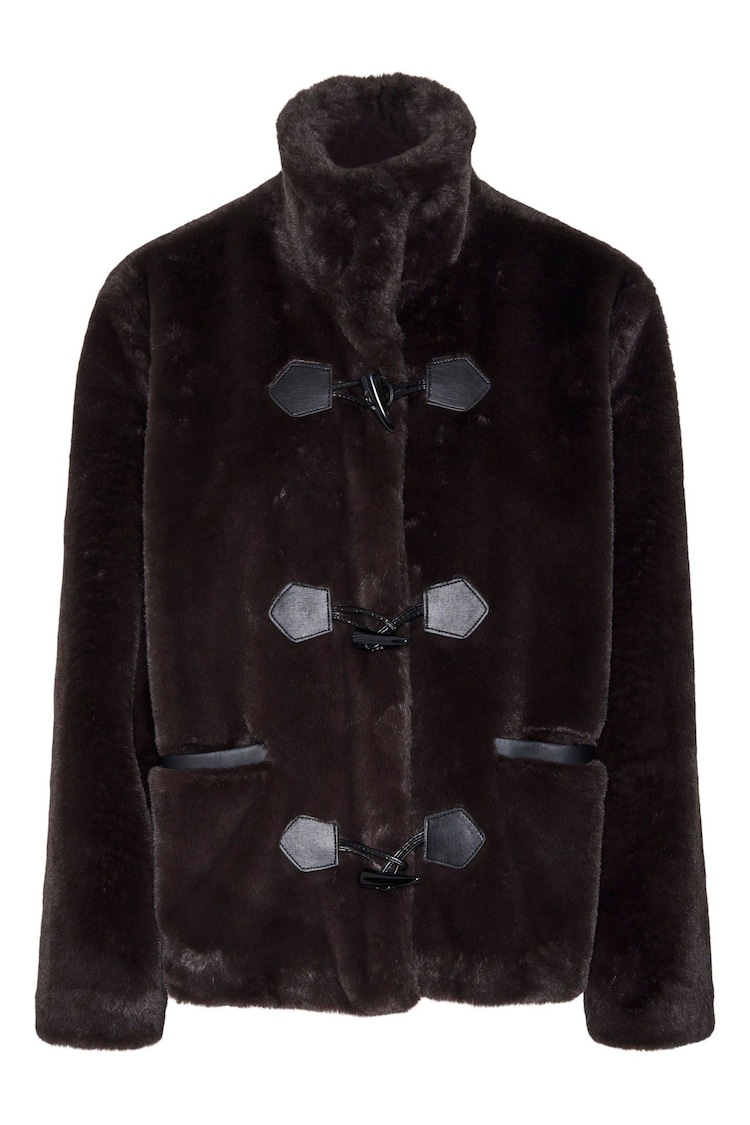 VERO MODA Brown Faux Fur High Neck Toggle Jacket - Image 6 of 6